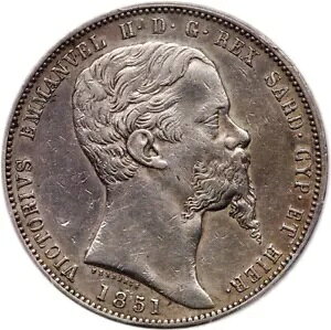 イタリア州サルデーニャ 1851-P 5 リラ銀貨、PCGS 認定「AU 詳細」