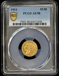1911�N $2.50 �N�H�[�^�[ �C�[�O�� �S�[���h 2 1/2 �h�� �C���f�B�A�� PCGS AU 58 �قږ�����