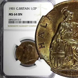 �C�M���X �r�N�g���A �u�����Y 1901 1/2 �y�j�[ NGC MS64 BN �g�[�j���O KM# 789 (017)