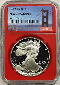 1990-S シルバー イーグル ドル $1 NGC PF 69 ウルトラ カメオ レッド コア ブリッジ ラベル