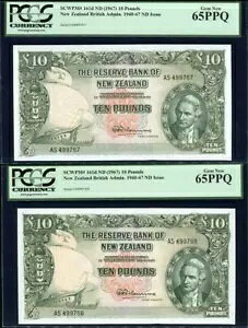 ニュージーランド - 10 ポンド - 最終プレフィックス ペア - フレミング - AS499767-68 - PCGS 65PPQ
