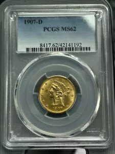 PCGS 1907-D $5 MS62 �S�[���h �n�[�t �C�[�O�� / �F�� / ������