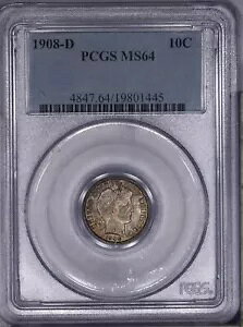1908-D Barber Dime 10c PCGS MS64 �n���T���ȃg�[���ƃI���W�i��!�|���h