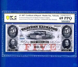 1857 $5 Western Exchange �I�}�n�V�e�B �l�u���X�J�B PCGS 69 PPQ SUPERB GEM UNC