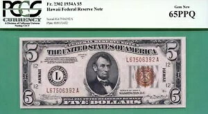 �n���C 1934A $5 FRN - PCGS GEM 65 PPQ �t�� - Fr 2302 LA �u���b�N - PCGS GEM 65 PPQ