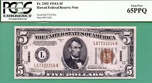 �n���C 1934A $5 FRN - PCGS GEM 65 PPQ �t�� - Fr 2302 LA �u���b�N - 1934 A �n���C