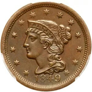 1849 N-14 R-3- PCGS MS 62 BN 編み込みヘア ラージ セント コイン 1c