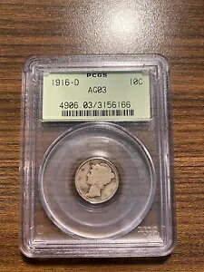 1916-D �}�[�L�����[ �V���o�[ �_�C�� 10C PCGS �قڗǍD 3 AG3 AG03 ���A �I�[���h �O���[�� �z���_�[