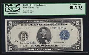 US 1914 $5 FRN �T���t�����V�X�R�m�[�g FR 891c PCGS 40 PPQ XF (-526) SCARCE 34 ���v