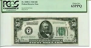 FR 2100-G 1928 $50 �A�M������s�� PCGS 63 PPQ �I�� �V�i