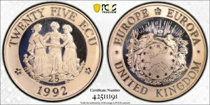 �C�M���X 1992 �s�[�h�t�H���g �V���o�[ �v���[�t 25 Ecu Three Graces PCGS PR69DCAM