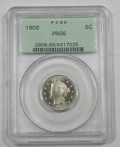 1908 リバティ/"V" ニッケル認定 PCGS プルーフ 66 5c ~ オールド グリーン ホルダー