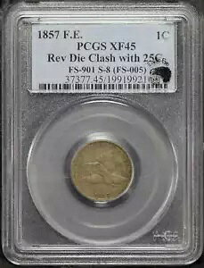 1857 �t���C���O �C�[�O�� 1C Rev �_�C �N���b�V���A25C FS-901 S-8 (FS-005) PCGS XF-45 �t��