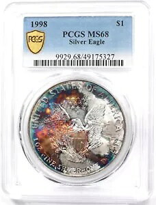 1998 シルバーイーグル ゴージャスモンスター レインボーブルー/オレンジ調色! PCGS MS68 PC1721