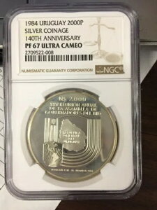 1984 ウルグアイ銀 2000 N$ 140th ANN シルバーコイン、銀行総裁 NGC PF 67 UC