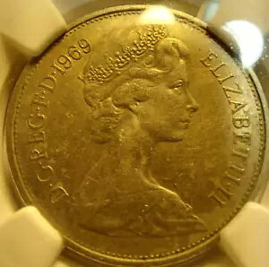 世界のコイン: 1969 UK 10 NEW ペンスコイン AU 58 クイーンエリザベス 2 表面。