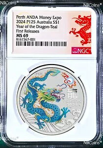 2024 �V���o�[���N�h���S�� �e�B�[�� NGC MS69 1oz $1 ANDA PERTH MONEY EXPO
