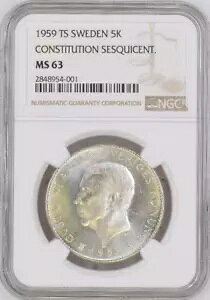 :1959 T S 5-KRONOR XEF[f KM# 830 NGC CHOICE-BU MS-63 GUSTAF-VI ōO[h