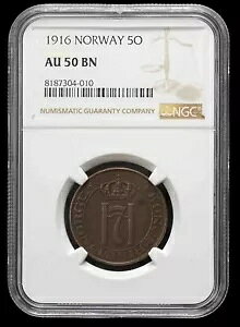 mEF[ 1916 5 Ore Haakon VII L[t Œᒒz: 300,000 NGC AU 50 BN Km368