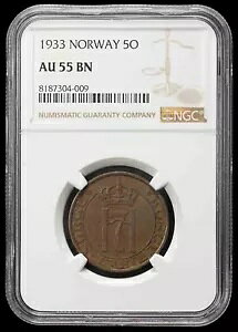 mEF[ 1933 5 Ore Haakon VII L[t Œᒒz: 300,000 NGC AU 55 BN Km368