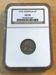 1910 オーストラリア 6 ペンス銀貨、NGC AU58 によるグレード