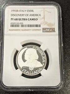 1992 PF68 ウルトラ カメオ イタリア シルバー 500 リラ NGC KM 150 コロンバス アメリカ