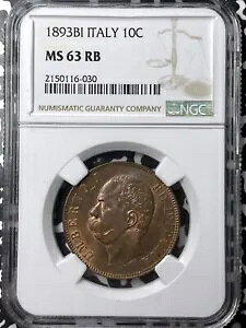 1893-BI C^A 10 Centesimi NGC MS63RB Lot#G6654 Choice UNC!