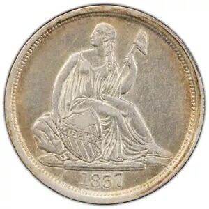 1837 10C ���[�W �f�C�g PCGS AU50 �V�[�e�b�h ���o�e�B �_�C�� 372724