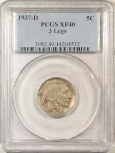 1937-D バッファローニッケル、3 脚 - PCGS XF-40、魅力的なキーデイト!