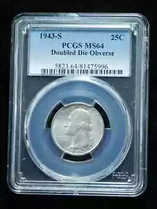 1943-S 25c ���V���g�� �V���o�[ �N�H�[�^�[ - PCGS MS64 �_�u�� �_�C �\��