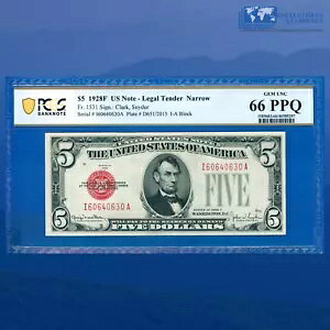 Fr.1531N 1928F $5 法定通貨紙幣 ナロー I/A ブロック、PCGS TOP POP 66 PPQ #40630