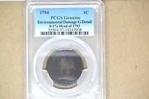 1794 ヘッド オブ 93 流れるヘア ラージ セント - PCGS の詳細。環境被害