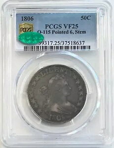 1806 50C �h���[�v�o�X�g �n�[�t�_���[ �|�C���e�b�h 6 �X�e�� O-115 PCGS VF25 CAC �S�[�W���X!!