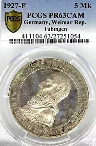 hCc C}[a 1927F 5 Mark TUBINGEN PCGS PR 63 CAMEO Thaler PP PROOF
