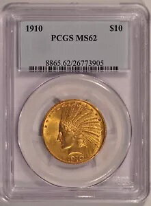 1910 $10 �S�[���h �C���f�B�A�� �C�[�O�� �R�C�� PCGS MS62 �Â��z���_�[ 1933 �N�ȑO �S�[���h