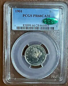1901 P プルーフ リバティ "V" ニッケル 5C PCGS & CAC PR66 CAM - カメオ、グリーン ステッカー!