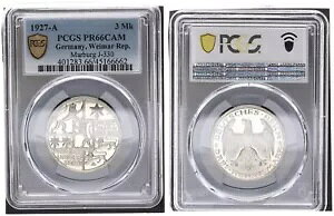 3 ライヒスマルク マールブルク 1927 A PCGS 証明書 PCGS PR66CAM 86054