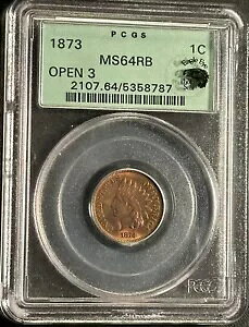1873 1C �I�[�v�� 3 �C���f�B�A�� �Z���g PCGS MS64RB (�ʐ^�V�[��) Exc Eye Appeal