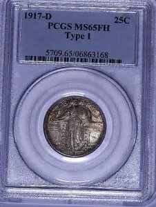 1917-D Type-1 �X�^���f�B���O ���o�e�B 25c: PCGS MS65FH