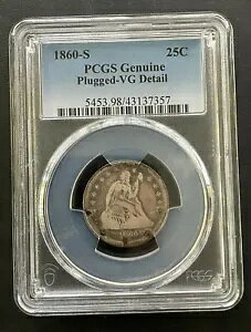 1860-S 25c �V�[�e�b�h ���o�e�B �N�H�[�^�[ PCGS VG�A�ᒒ���A�L�[�f�C�g �R�C��