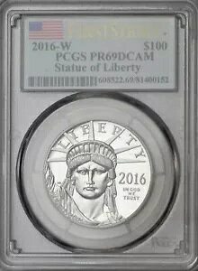 016-W $100 自由の女神 プラチナ PCGS PR69DCAM ファースト ストライク アメリカ国旗
