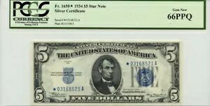 1934 $5 �V���o�[ �T�[�g �X�^�[ �m�[�g FR# 1650* PCGS �W�F�� 66PPQ