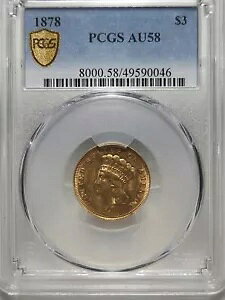 1878�N $3 PCGS AU58 �S�[���h �C���f�B�A�� �v�����Z�X �w�b�h 3 �h��