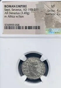 セプティミウス セウェルス AR デナリウス アフリカ ライオン AD 193-211 NGC VF