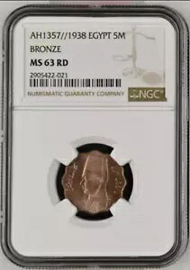 GWvg 5 M 1938 AH1357 LO t@[N UNC MS 63 RD RED NGC Five Milliemes ɂO[fBO