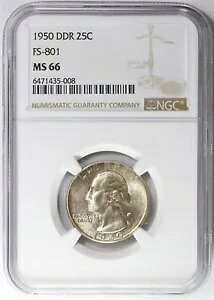 1950 ���V���g�� �V���o�[ �N�H�[�^�[ �_�u�� �_�C ���o�[�X NGC MS66 DDR FS-801 25c