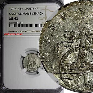 �h�C�c SAXE-WEIMAR-EISENACH 1757 FS 6 Pfennig NGC MS62 SCARCE KM# 87.1 (001)