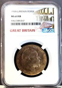 1908年 イギリス 1ペニーキング エドワード7世 NGC MS 64 RB 見栄えの良いコイン