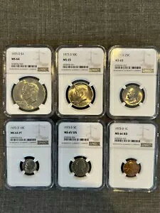 6 �R�C���Z�b�g - �A���T�[�N�B 1973 D �~���g �Z�b�g (1C�A5C�A10C�A25C�A50C�A$1) NGC MS �O���[�h