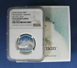 2018 �V���o�[ �v���[�t 50 �y���X �R�C���uThe Snowman - Blue Hat / Scarf�vNGC Graded PF69